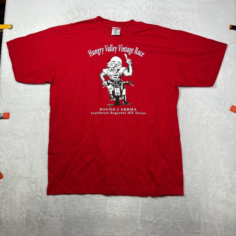 Q-Tees Ahrama Hungry Valley‎ Vintage Race T-Shirt Men's Red Cotton USA Made - XL